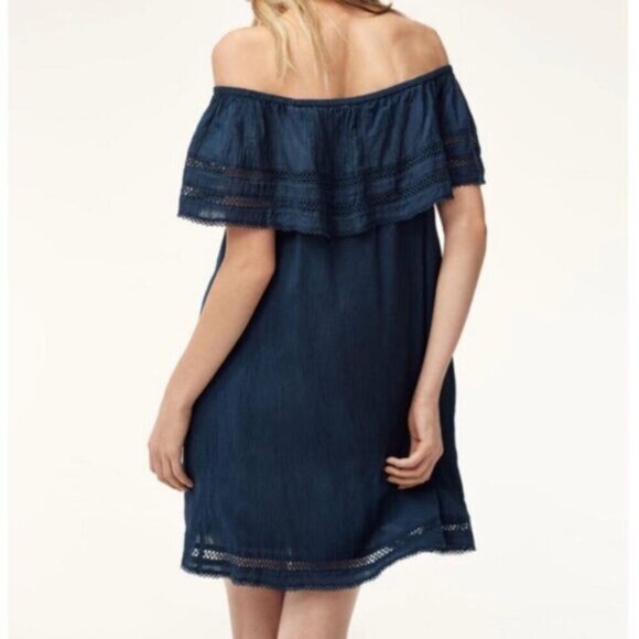 Wilfred Aritzia Emmie Mini Dress Lace Off the Shoulder Eyelet Blue Size 2XS - Picture 16 of 16